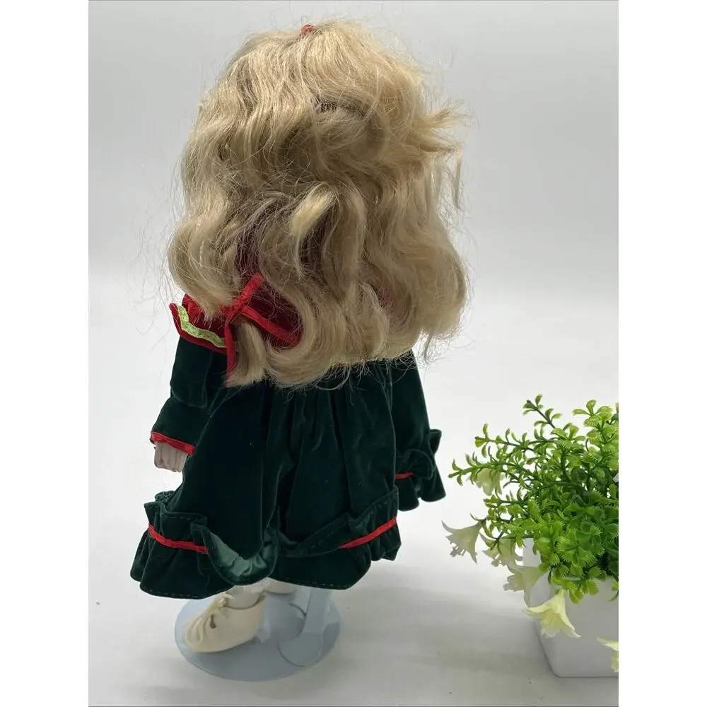 Vintage Porcelain Christmas Doll – Green Dress, Red Cape, Holiday Décor (Blonde)